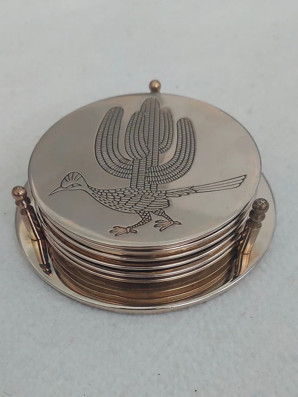 Silver-Toned Roadrunner/Cactus COASTER SETand HOLDER